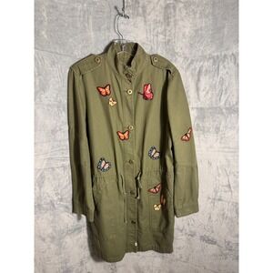 Melrose and Marketplace Butterfly Embroidered Utility Jacket Olive Green Medium
